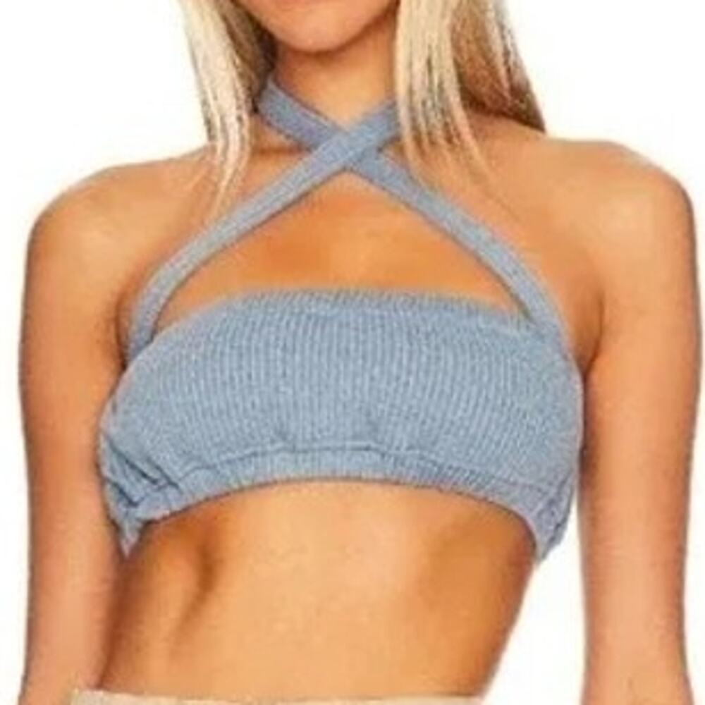 NWT WeWoreWhat Wide Rib CrisCross Back Tie Halter Bra Top Elastic Trim XS Blue